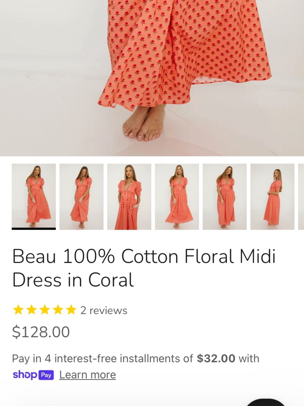 Women's Coral Puff-Sleeve Midi Dress - Picture 3 of 3